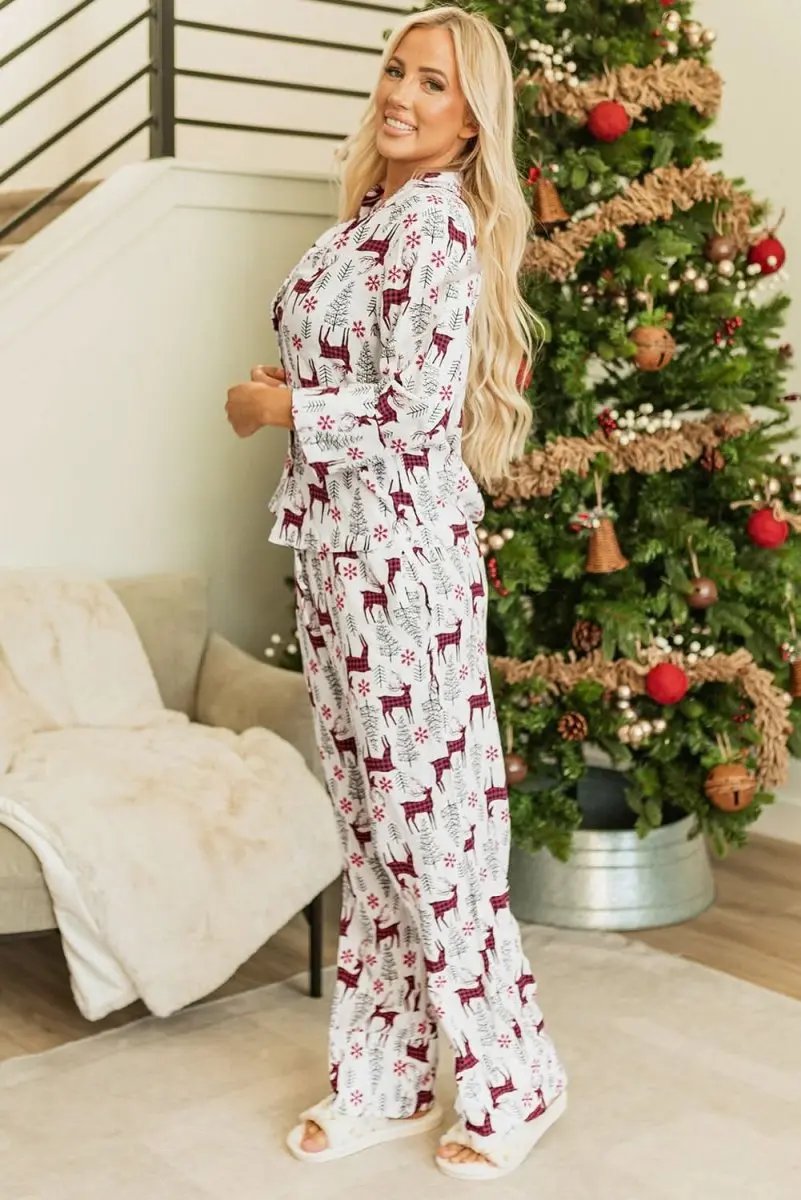 White Christmas Printed Shirt and Pants Pajama Set - Love Salve